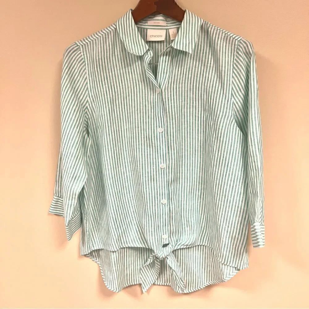 Chicos green and white striped button down w/tie front Sz S/M